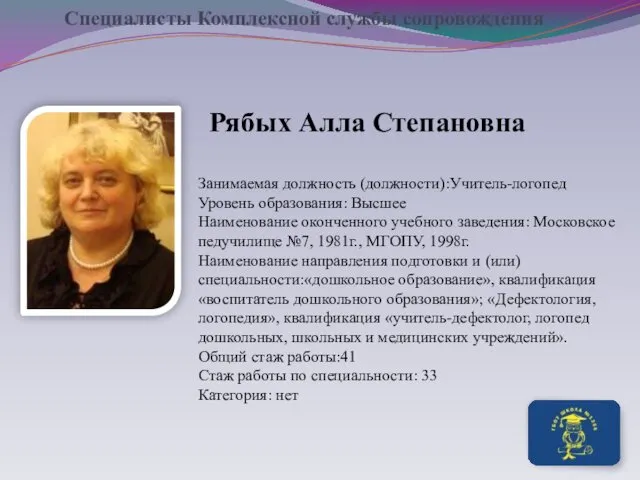 Рябых Алла Степановна Специалисты Комплексной службы сопровождения Занимаемая должность (должности):Учитель-логопед