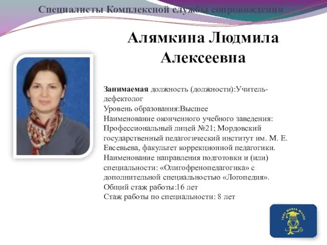 Алямкина Людмила Алексеевна Занимаемая должность (должности):Учитель-дефектолог Уровень образования:Высшее Наименование оконченного