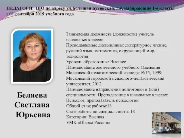 ПЕДАГОГИ ШО по адресу ул.Большая Бутовская, д.9, набирающие 1-е классы