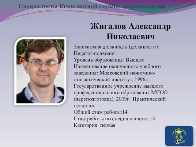 Жигалов Александр Николаевич Занимаемая должность (должности):Педагог-психолог Уровень образования: Высшее Наименование