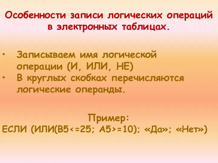 Особенности записи логических операций в электронных таблицах. Записываем имя логической