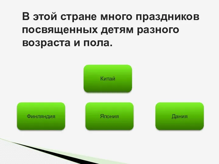 В этой стране много праздников посвященных детям разного возраста и пола. Япония Финляндия Дания Китай