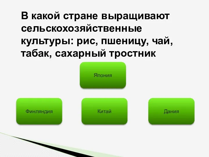 В какой стране выращивают сельскохозяйственные культуры: рис, пшеницу, чай, табак, сахарный тростник Китай Финляндия Дания Япония