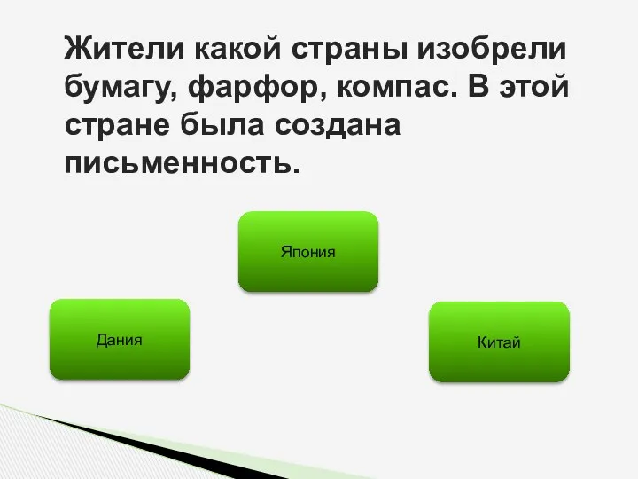 Жители какой страны изобрели бумагу, фарфор, компас. В этой стране была создана письменность. Китай Дания Япония