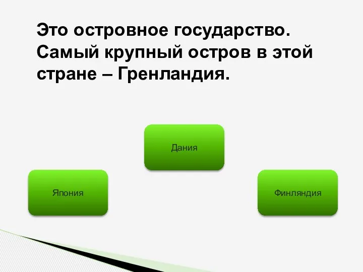 Это островное государство. Самый крупный остров в этой стране – Гренландия. Дания Япония Финляндия