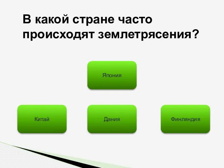 В какой стране часто происходят землетрясения? Япония Китай Финляндия Дания