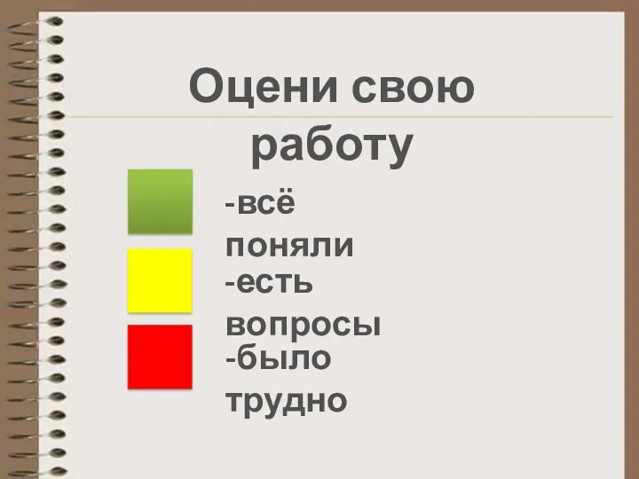 Оцени свою работу -всё поняли -есть вопросы -было трудно