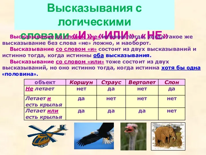 Высказывания с логическими словами «И», «ИЛИ», «НЕ» Высказывание со словом