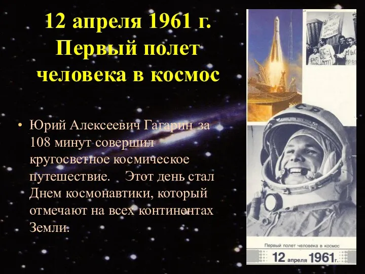 12 апреля 1961 г. Первый полет человека в космос Юрий