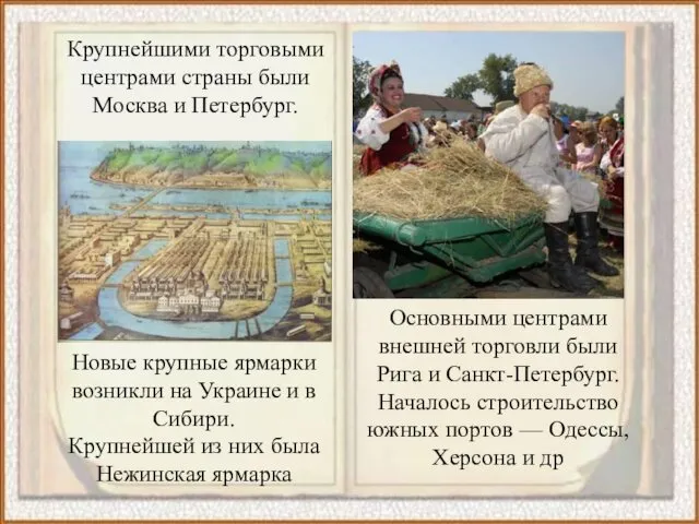 Крупнейшими торговыми центрами страны были Москва и Петербург. Новые крупные