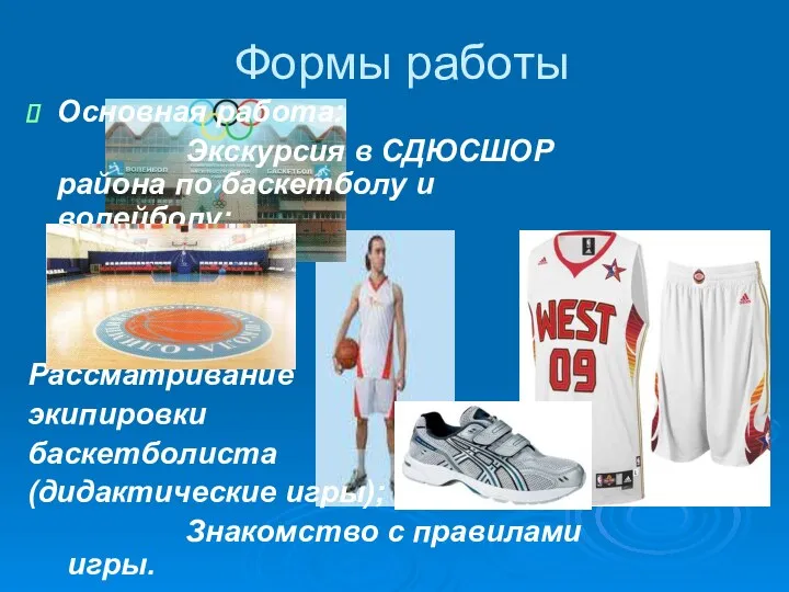 Формы работы Основная работа: Экскурсия в СДЮСШОР района по баскетболу и волейболу; Рассматривание