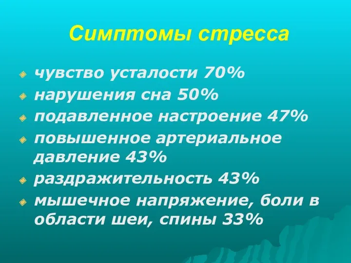 Симптомы стресса чувство усталости 70% нарушения сна 50% подавленное настроение