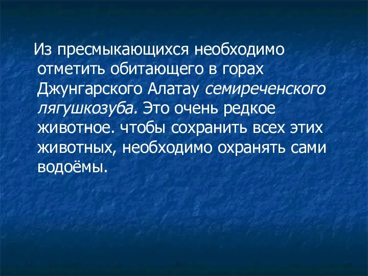 Из пресмыкающихся необходимо отметить обитающего в горах Джунгарского Алатау семиреченского