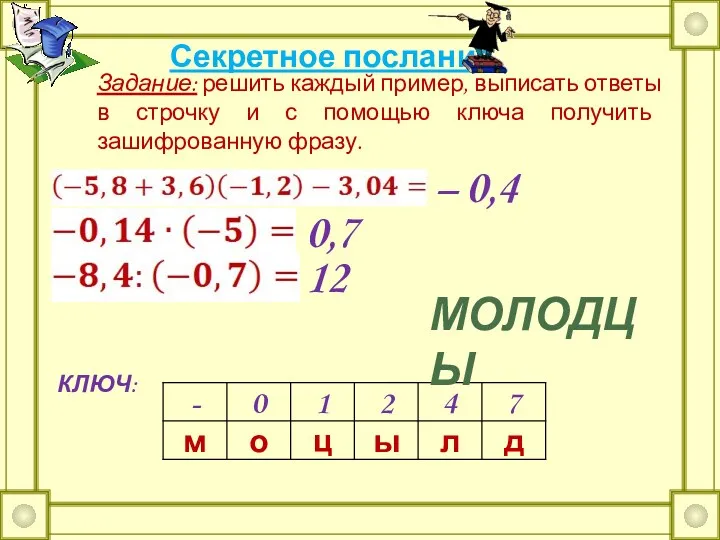 Секретное послание Задание: решить каждый пример, выписать ответы в строчку