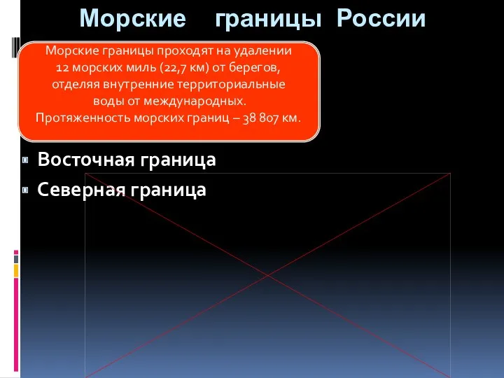 Морские границы России Восточная граница Северная граница Морские границы проходят на удалении 12