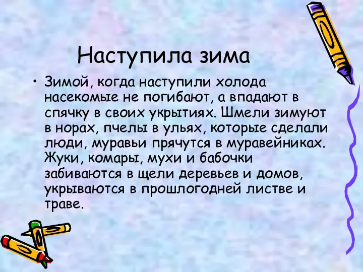 Наступила зима Зимой, когда наступили холода насекомые не погибают, а впадают в спячку