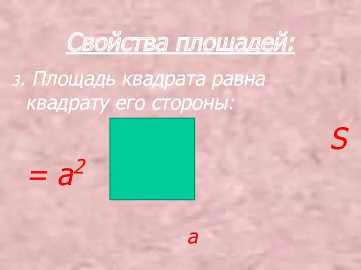 Свойства площадей: 3. Площадь квадрата равна квадрату его стороны: a S = а2 a