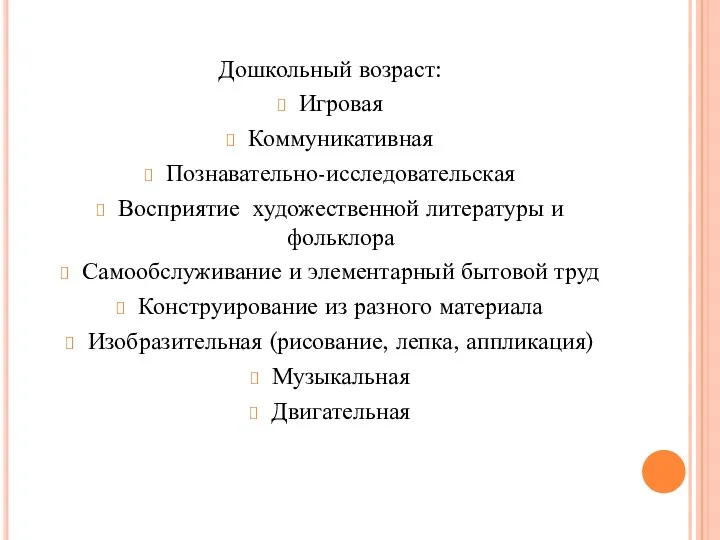 Дошкольный возраст: Игровая Коммуникативная Познавательно-исследовательская Восприятие художественной литературы и фольклора