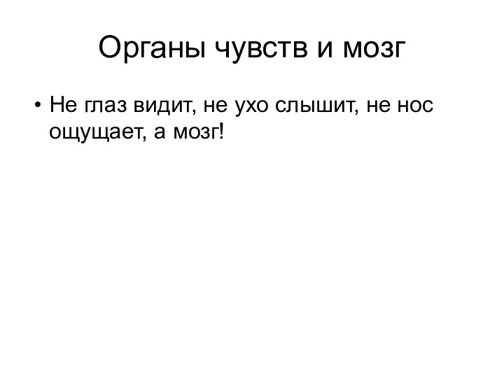 Органы чувств и мозг Не глаз видит, не ухо слышит, не нос ощущает, а мозг!