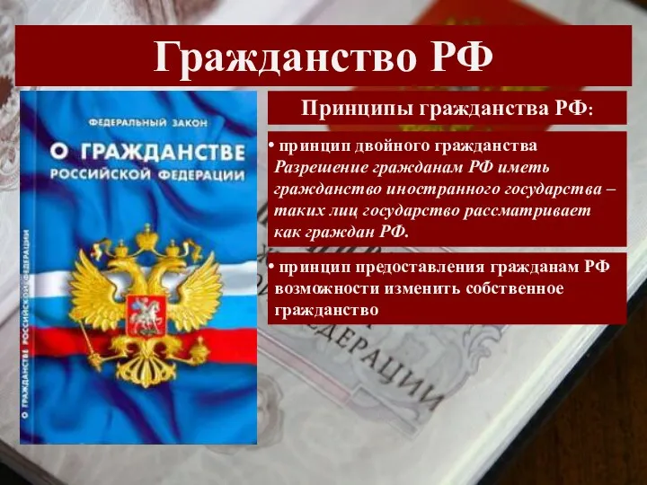 Гражданство РФ Принципы гражданства РФ: принцип двойного гражданства Разрешение гражданам