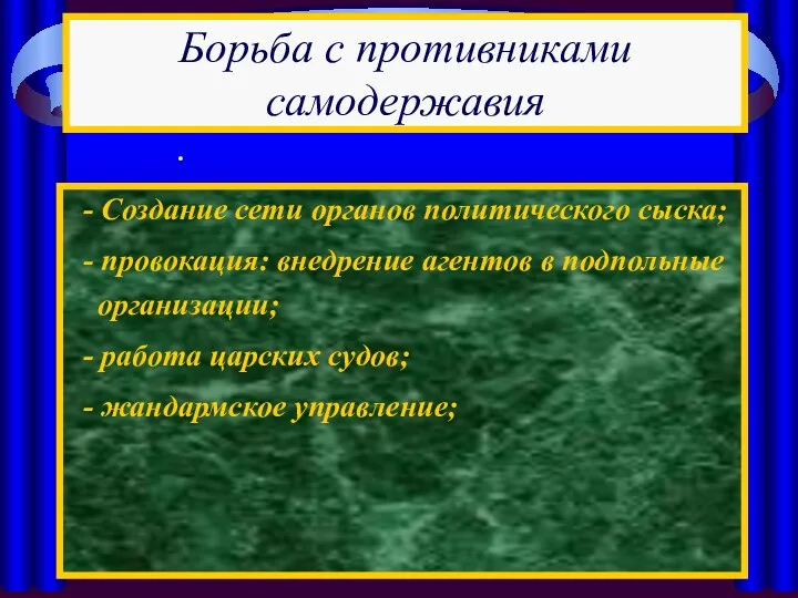 - Создание сети органов политического сыска; - провокация: внедрение агентов