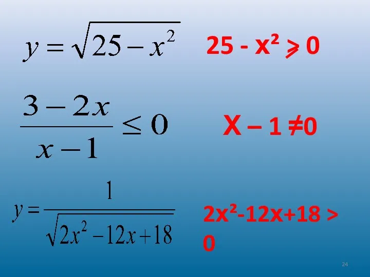 25 - х² > 0 Х – 1 ≠0 2х²-12х+18 > 0