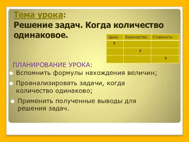 Тема урока: Решение задач. Когда количество одинаковое. ПЛАНИРОВАНИЕ УРОКА: Вспомнить