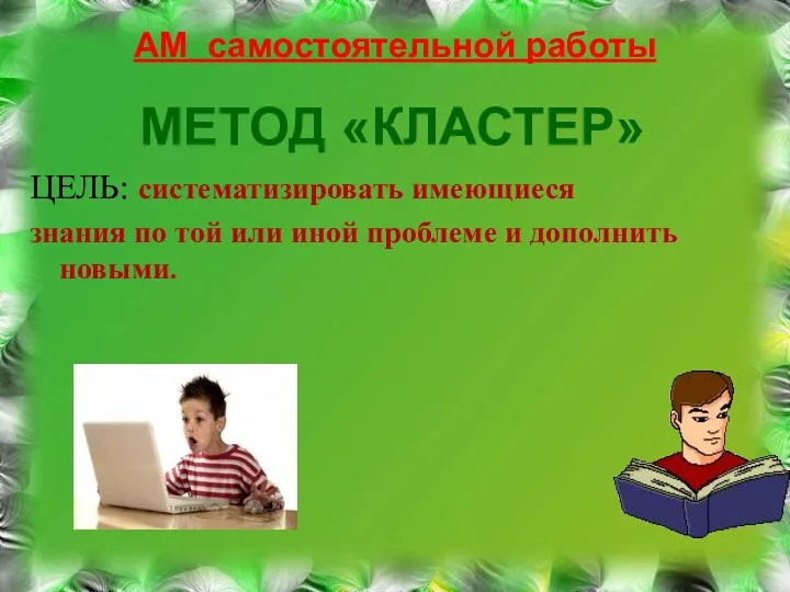 АМ самостоятельной работы МЕТОД «КЛАСТЕР» ЦЕЛЬ: систематизировать имеющиеся знания по