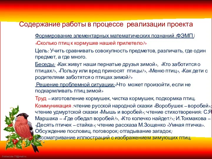 Содержание работы в процессе реализации проекта Формирование элементарных математических познаний