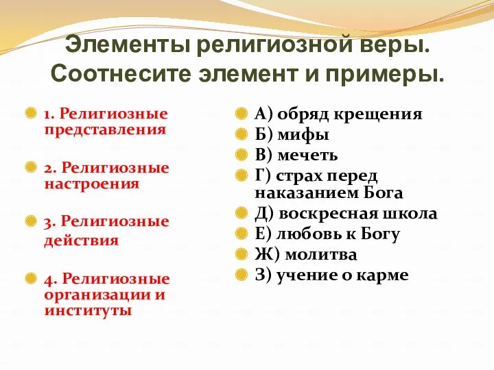 Элементы религиозной веры. Соотнесите элемент и примеры. 1. Религиозные представления