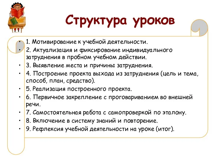 Структура уроков 1. Мотивирование к учебной деятельности. 2. Актуализация и