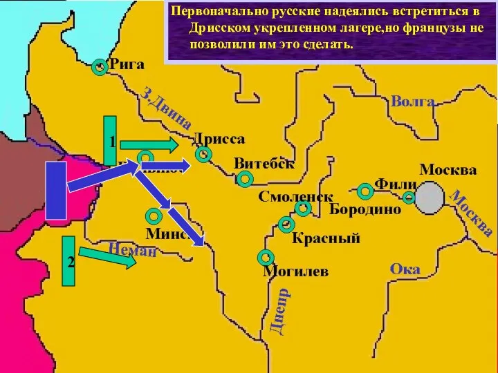 Действия французов заставили русское командо-вание начать отступление,чтобы не дать Напо-леону