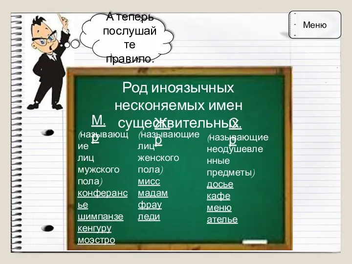 А теперь послушайте правило. Род иноязычных несконяемых имен существительных М.р Ж.р (называющие лиц