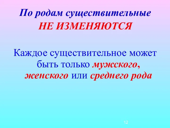 По родам существительные НЕ ИЗМЕНЯЮТСЯ Каждое существительное может быть только мужского, женского или среднего рода