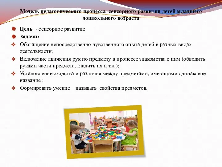 Модель педагогического процесса сенсорного развития детей младшего дошкольного возраста Цель