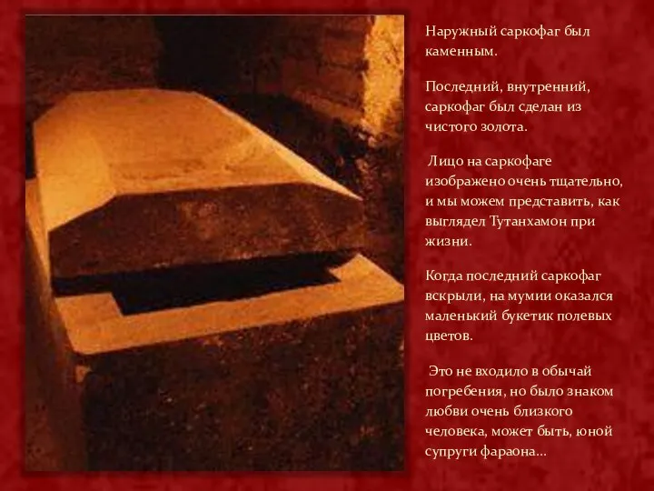 Наружный саркофаг был каменным. Последний, внутренний, саркофаг был сделан из