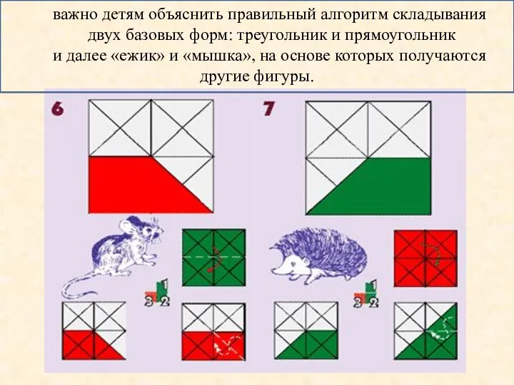 важно детям объяснить правильный алгоритм складывания двух базовых форм: треугольник и прямоугольник и