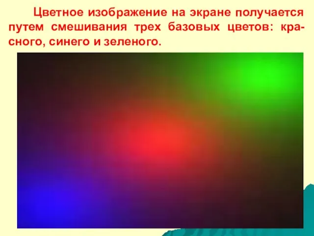 Цветное изображение на экране получается путем смешивания трех базовых цветов: кра-сного, синего и зеленого.