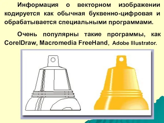 Информация о векторном изображении кодируется как обычная буквенно-цифровая и обрабатывается