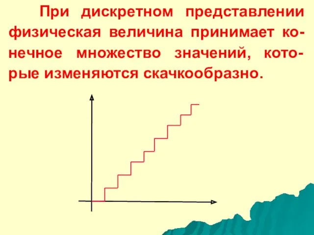 При дискретном представлении физическая величина принимает ко-нечное множество значений, кото-рые изменяются скачкообразно.