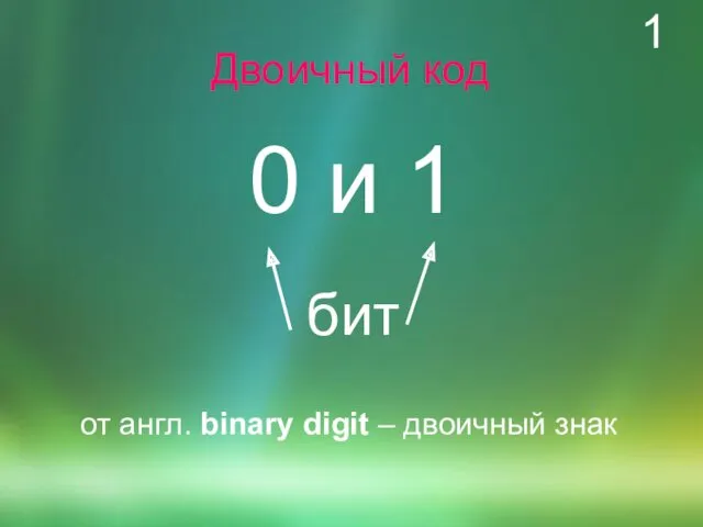 Двоичный код 0 и 1 бит от англ. binary digit – двоичный знак 1