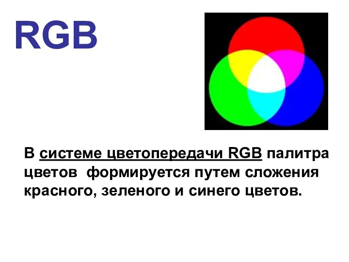 RGB В системе цветопередачи RGB палитра цветов формируется путем сложения красного, зеленого и синего цветов.