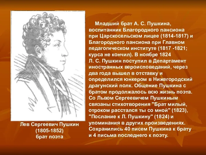 Лев Сергеевич Пушкин (1805-1852) брат поэта Младший брат А. С. Пушкина, воспитанник Благородного