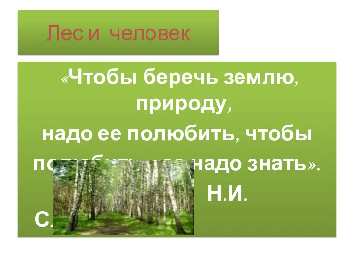 Лес и человек «Чтобы беречь землю, природу, надо ее полюбить,