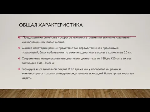 ОБЩАЯ ХАРАКТЕРИСТИКА Представители семейства носорогов являются вторыми по величине наземными