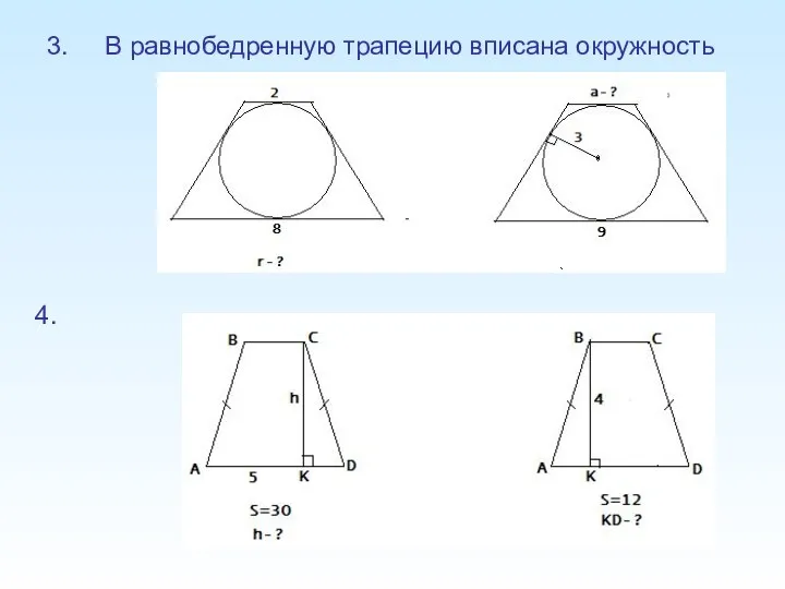 3. В равнобедренную трапецию вписана окружность 4.