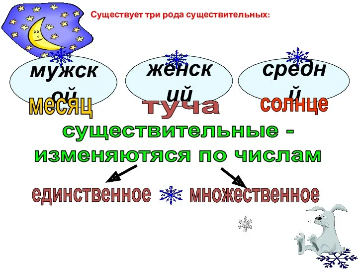 среднй мужской женский месяц туча солнце единственное множественное существительные -