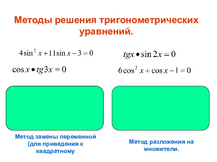 Методы решения тригонометрических уравнений. Метод замены переменной (для приведения к квадратному Метод разложения на множители.