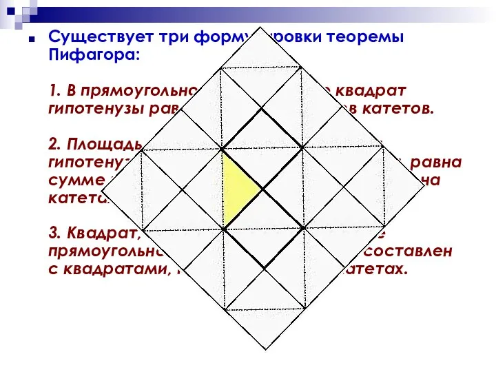 Существует три формулировки теоремы Пифагора: 1. В прямоугольном треугольнике квадрат гипотенузы равен сумме