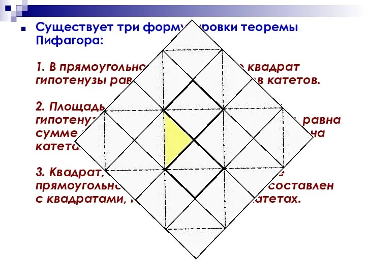 Существует три формулировки теоремы Пифагора: 1. В прямоугольном треугольнике квадрат